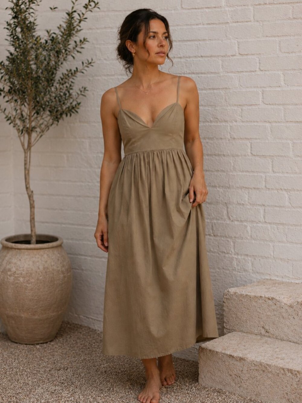 Oak + Fort Sweetheart Neckline Poplin Midi Dress Chocolate Brown Size Small